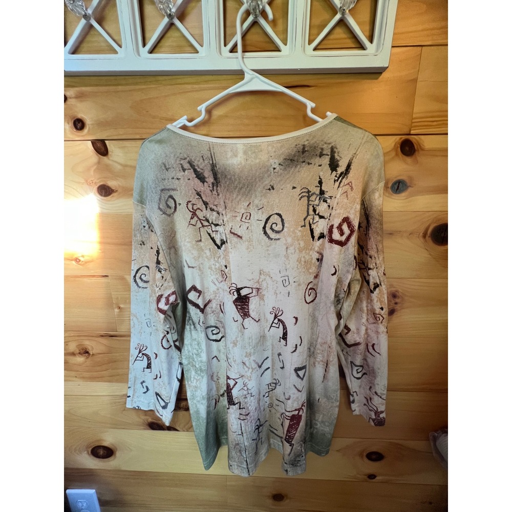Cactus Bay Womens XL Kokopelli Petroglyph Top Rhinestone Cotton Southwest Tan - Picture 3 of 8